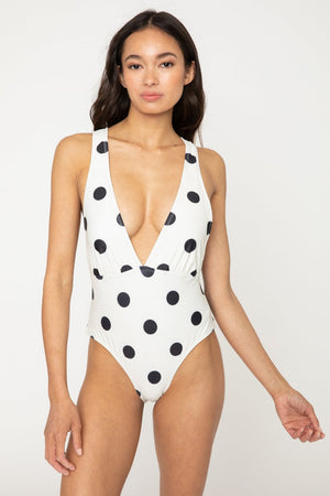 Marina West Swim Beachy Keen Polka Dot Tied Plunge One-Piece Swimsuit, Swimwear, Ivory / S, Ivory
