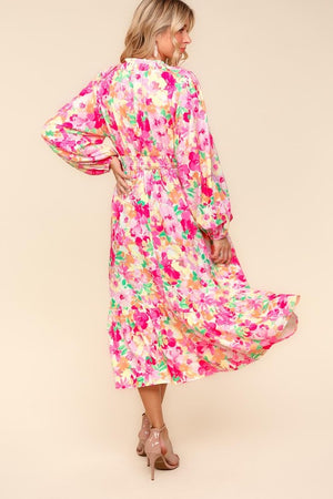 Floral Surplice Balloon Sleeve Dress with Side Pockets