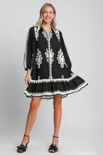 Border Print Button Down Ruffled Hem Dress