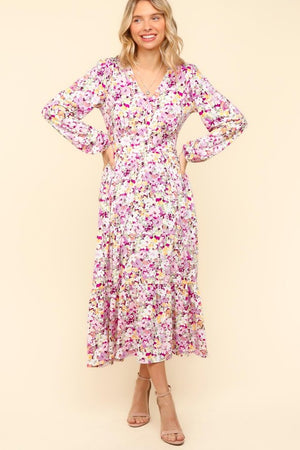 Floral V-Neck Long Sleeve Dress with Side Pockets