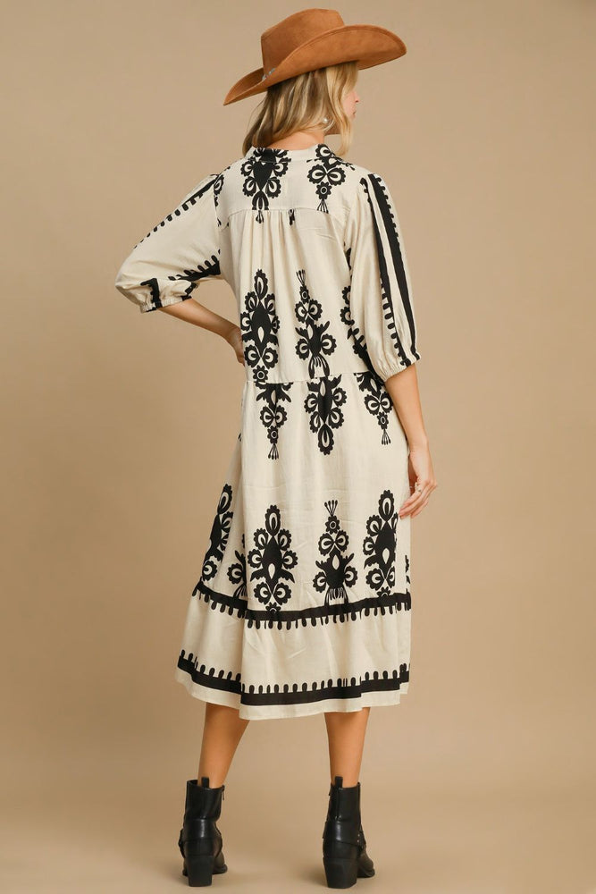 Printed Notched Midi Dress | Black