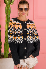 Ethnic Pattern Button Up Knit Cardigan, Shirts & Tops, Black Multi / S, Black Multi