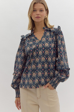 Gather Block Print Top, Shirts & Tops, Small, Small