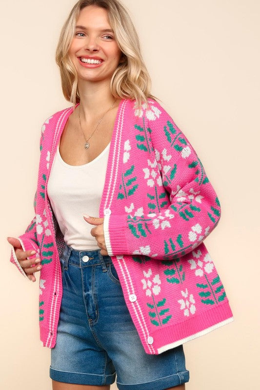 Floral Jacquard V-Neck Cardigan