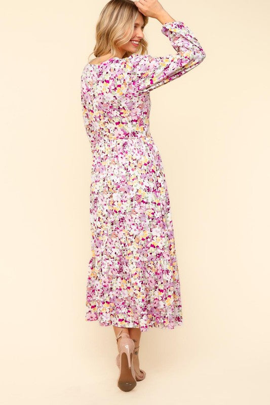 Floral V-Neck Long Sleeve Dress with Side Pockets