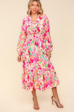 Floral Surplice Balloon Sleeve Dress with Side Pockets