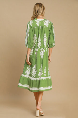 Printed Notched Midi Dress | Green