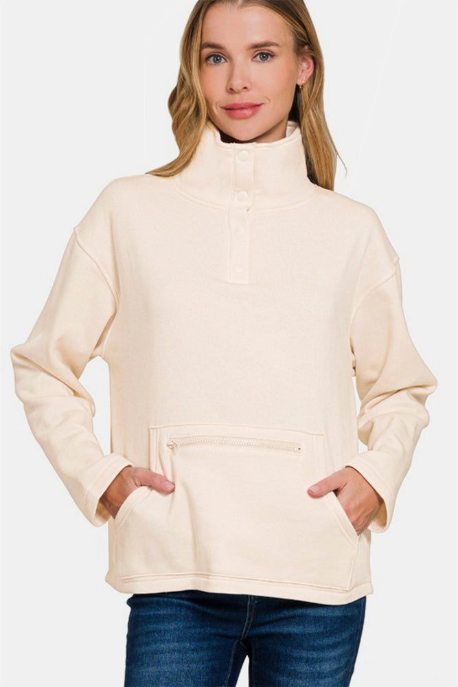 Turtleneck Half Snap Fleece Sweatshirt | Cream