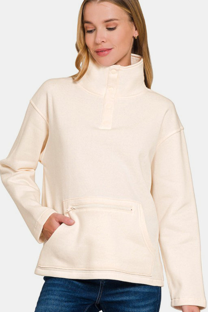 Turtleneck Half Snap Fleece Sweatshirt | Cream