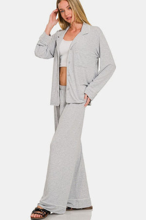 Button Down Long Sleeve Top and Pants Lounge Set