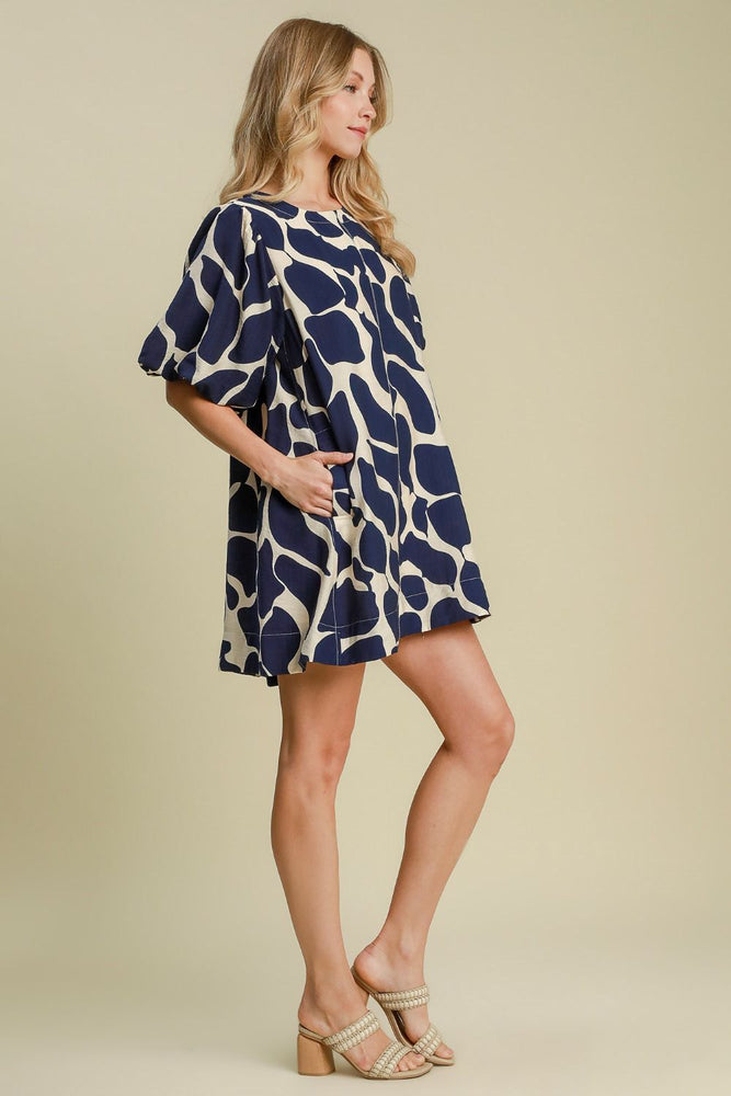 Two Tone Abstract Print Puff Sleeve Dress