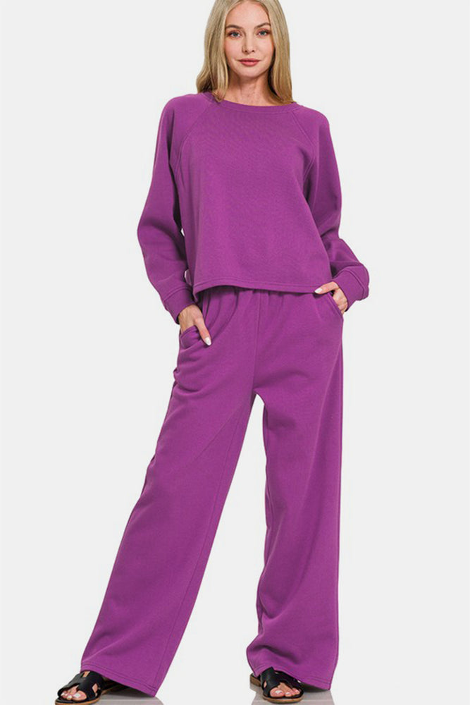 Purple Raglan Sleeve Top and Elastic Waist Pants Set