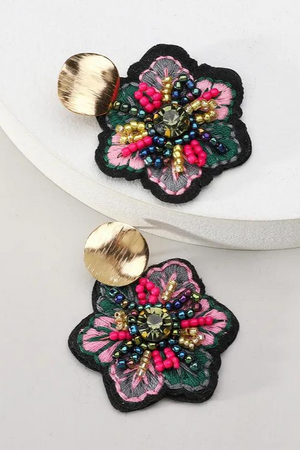 Embroidered Flower Dangle Earrings, Earrings, Green, Green