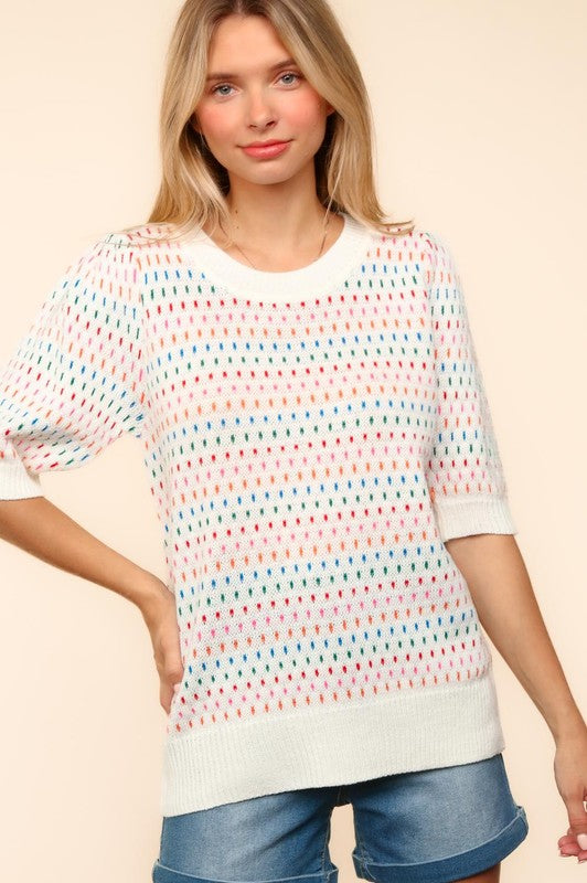 Round Neck Half Sleeve Multi Color Knit Top