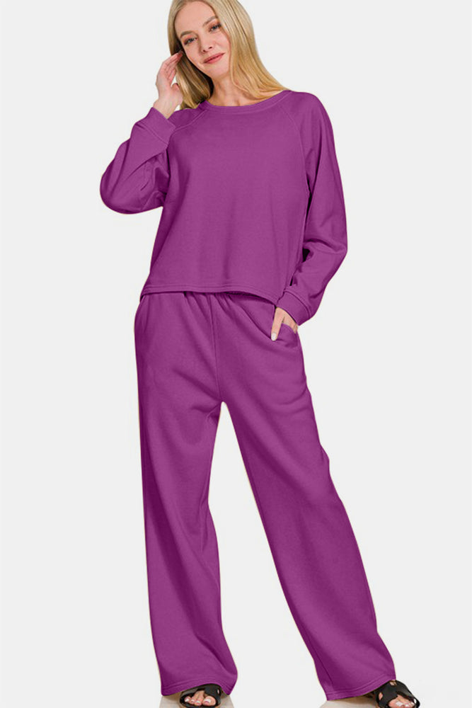 Purple Raglan Sleeve Top and Elastic Waist Pants Set