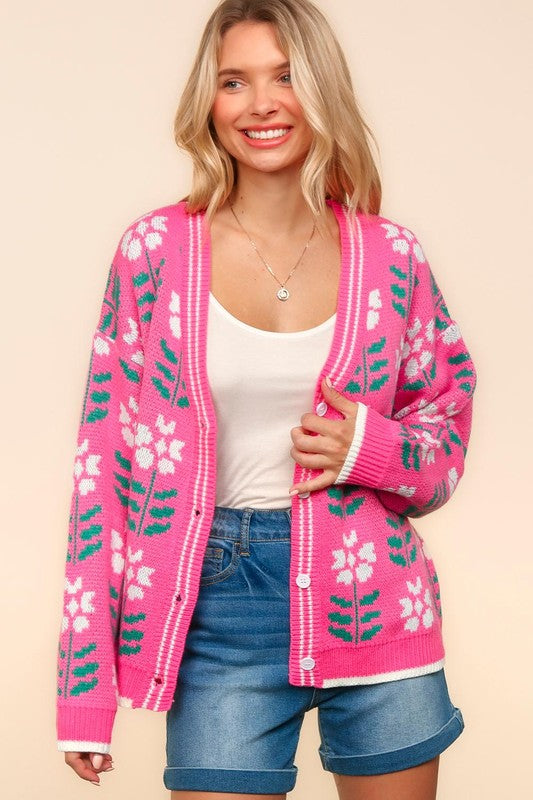 Floral Jacquard V-Neck Cardigan