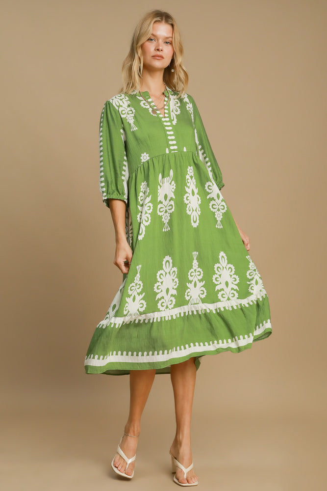 Printed Notched Midi Dress | Green