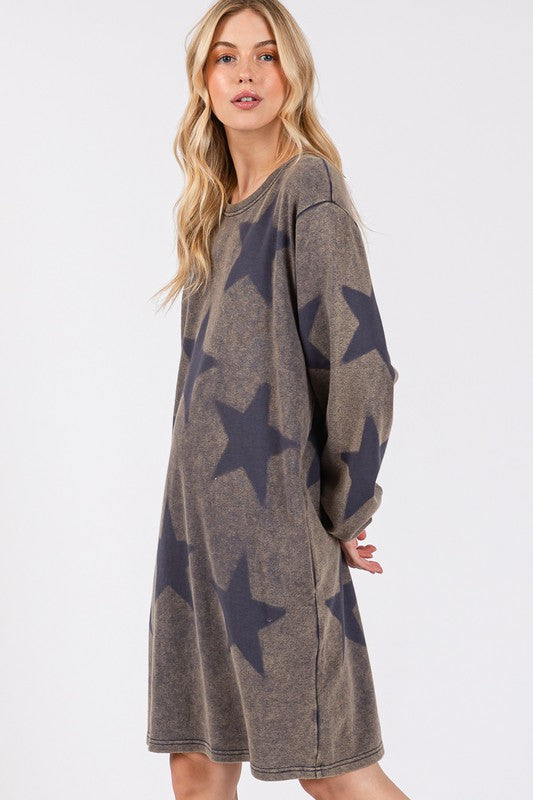 Washed Star Print Round Neck Dress