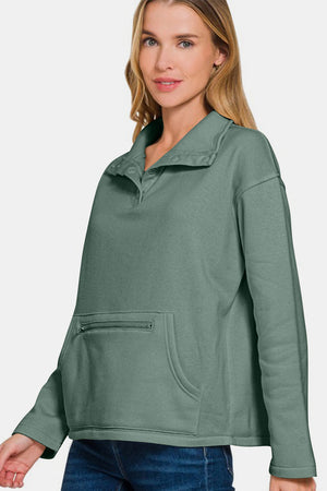 Turtleneck Half Snap Fleece Sweatshirt | Jade