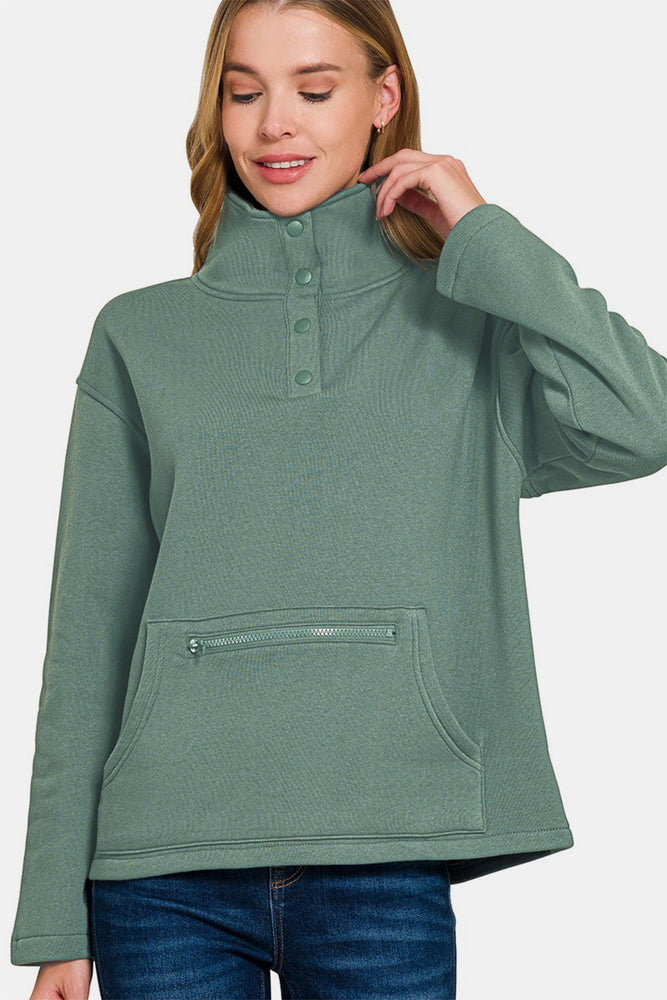 Turtleneck Half Snap Fleece Sweatshirt | Jade