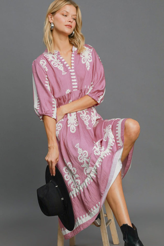 Printed Notched Midi Dress | Mauve