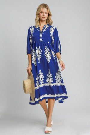 Printed Notched Midi Dress | Blue