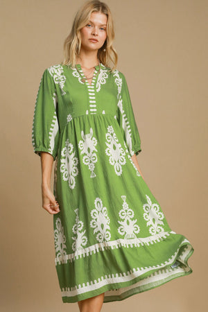 Printed Notched Midi Dress | Green