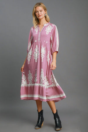 Printed Notched Midi Dress | Mauve