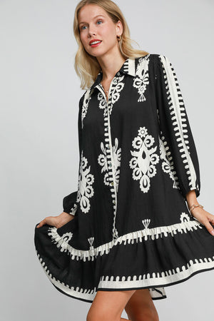 Border Print Button Down Ruffled Hem Dress