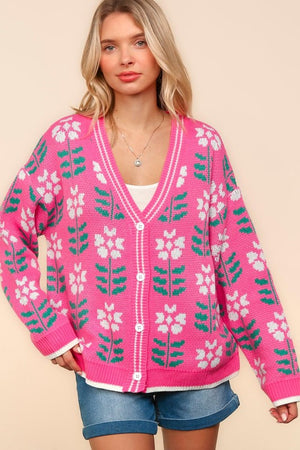 Floral Jacquard V-Neck Cardigan