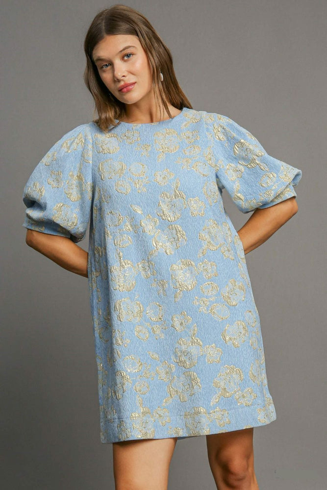 Blue Floral Jacquard Puff Sleeve Mini Dress