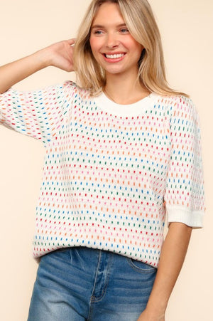 Round Neck Half Sleeve Multi Color Knit Top