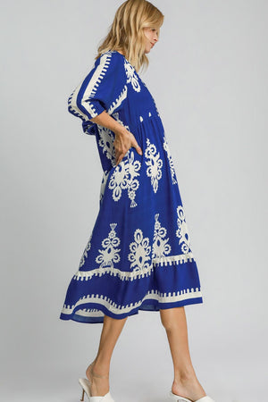 Printed Notched Midi Dress | Blue