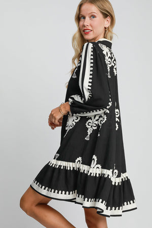 Border Print Button Down Ruffled Hem Dress