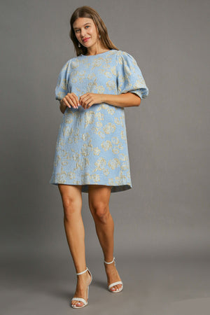 Blue Floral Jacquard Puff Sleeve Mini Dress