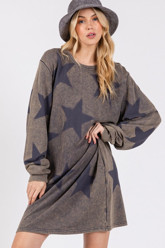 Washed Star Print Round Neck Dress