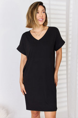 Rolled Short Sleeve V-Neck Dress, Dresses, Black / S, Black